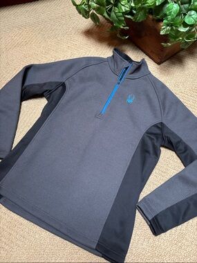 Spyder Men's Charcoal and Black Quarter-Zip Performance Jacket with Blue Accent
